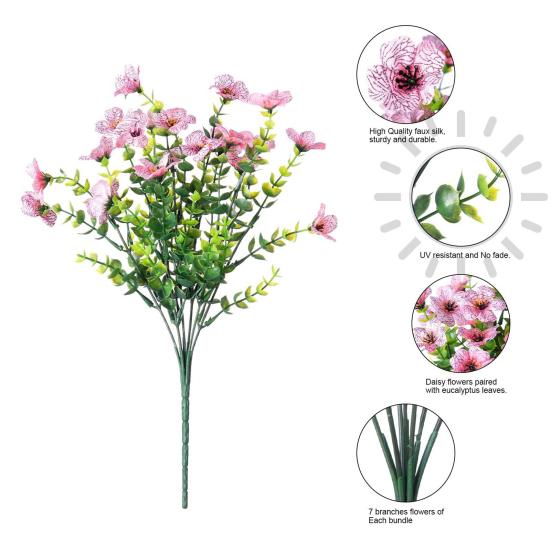 5Pcs Artificial Violet Flower with Green Leaves 7 Fork Fake Silk Flower Stem Home Office Wedding Party Indoor Outdoor Faux Bloom Table Centerpiece