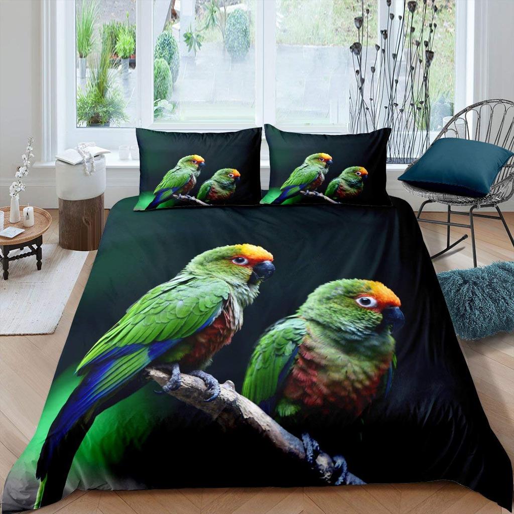 Parrot King Queen Duvet Cover Colourful Feather Bedding Set Rain Trees Bird Quilt Cover Sunset Mountain Natural Comforter Cover