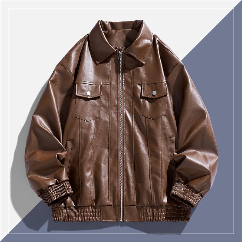 American Retro Slim-Fit PU Leather Motorcycle Jacket with Chest Pockets, Black Spandex M