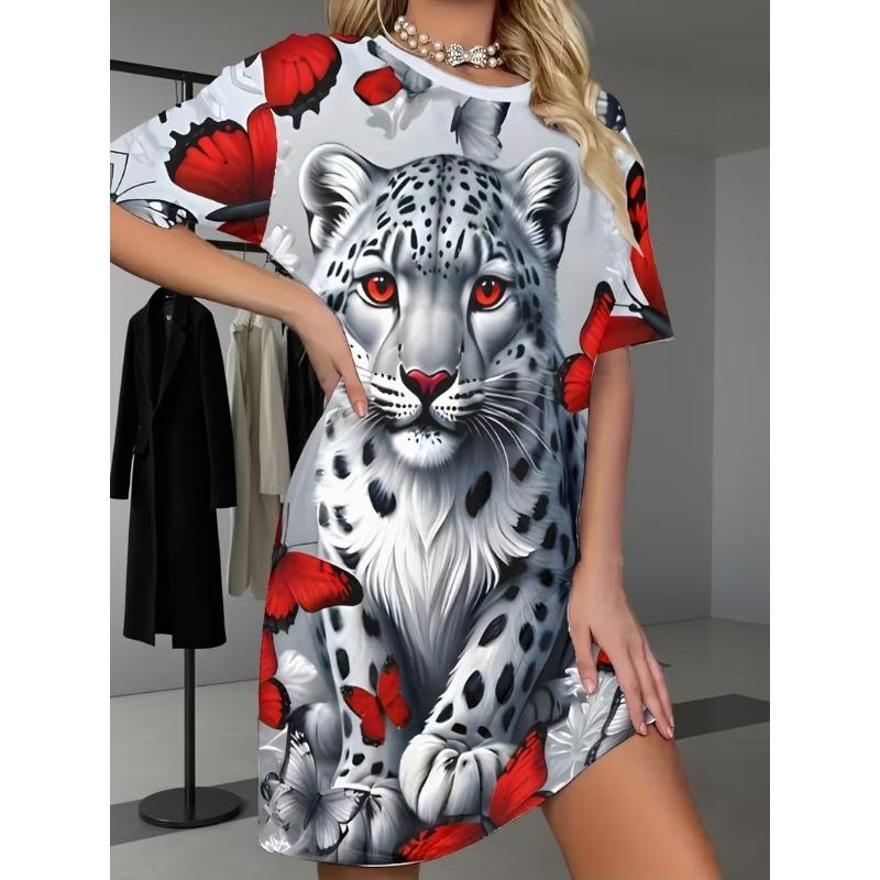 Plus Size Women'S Nightgown In Pink with a Cute Cat Print, Featuring a Loose Long Short-Sleeve T-Shirt Style, Per… More