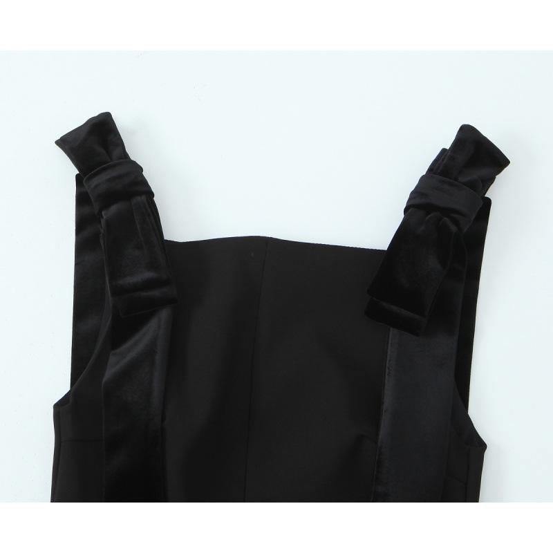 European & American Style Velvet Bow Spaghetti Strap Mini Dress - Autumn Collection for Women