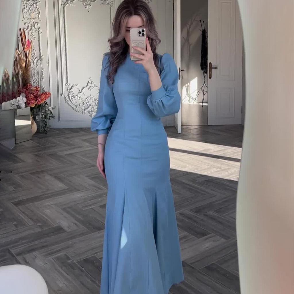 2024 Spring European-American Low-Neck, Long-Sleeve Court-Style Waist-Cinching Dress