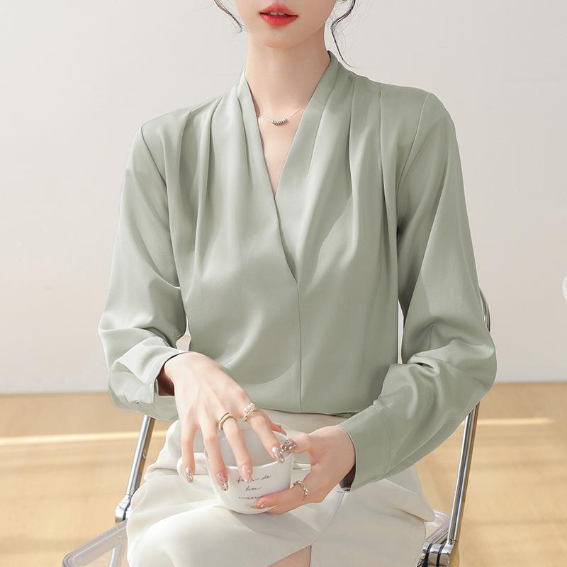 Spring white shirt women's long-sleeved design sense retro silk top professional satin shirt