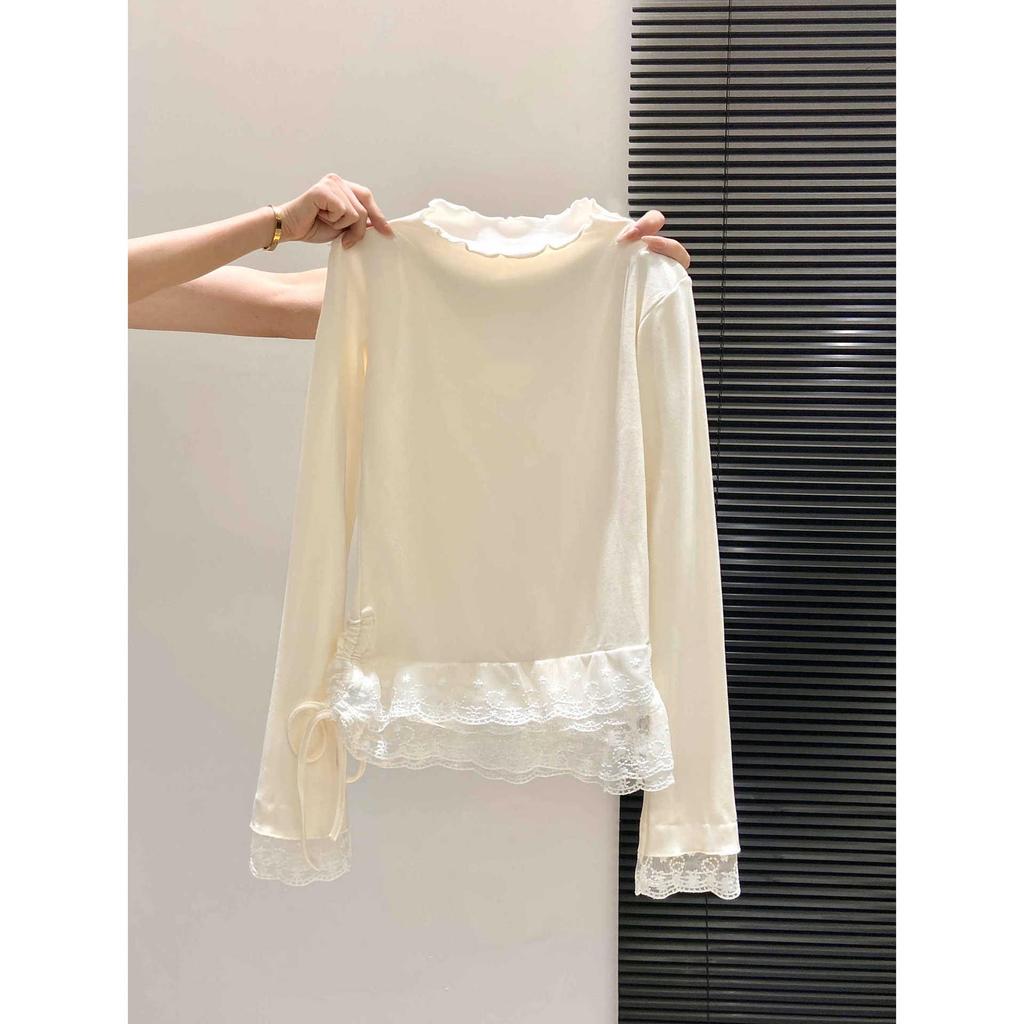 Women's Slim Fit High Neck Lace Trim Drawstring Long Sleeve Top for Autumn/Winter