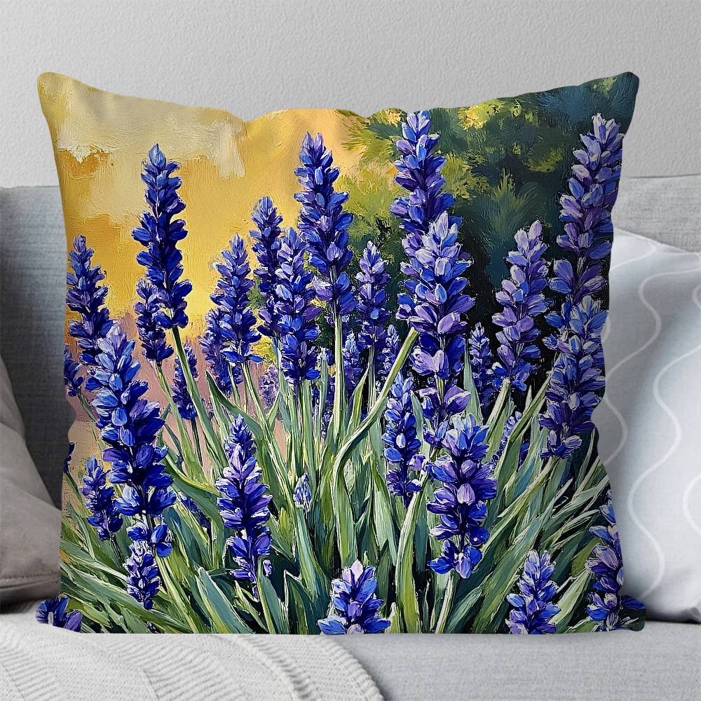 Purple Flower Oil Painting Pillow Case Fashion Square Pillowcase Bedroom Sofa Room Ins Decoration Leisure
