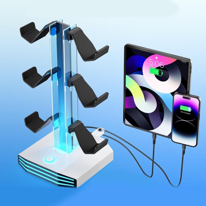 Universal Gaming Holder For Multiple Controllers And Sound Equipment Including Power Hubs