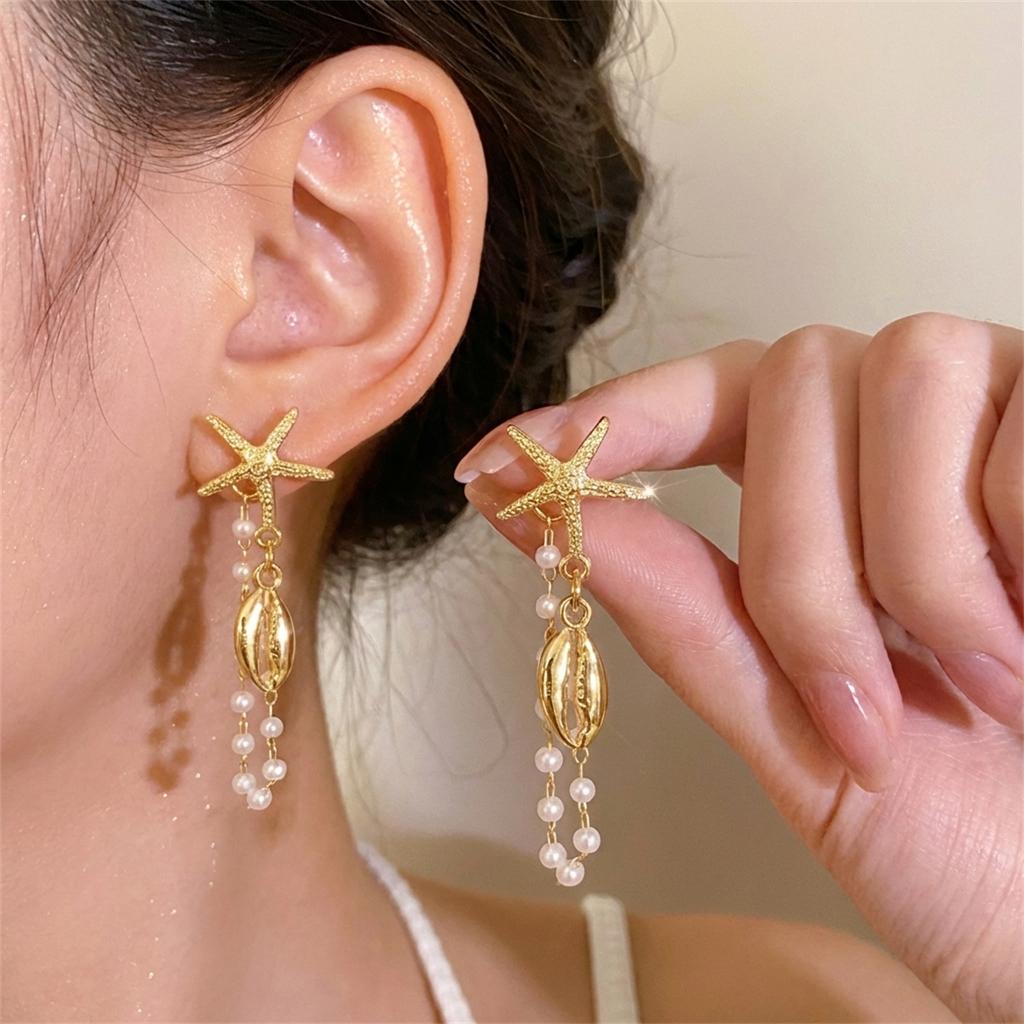 Metal Starfish Shell Long Tassel Earrings for Women Bohemian Imitation Pearl Dangle Earrings Beach Holiday Party Jewelry Gifts