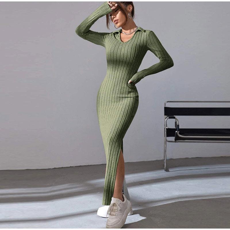 Women's Knit Dress Fall Casual Long Sleeve Lapel Collar Solid Color Bodycon Long Dresses Maxi for Female Going Out Streetwear