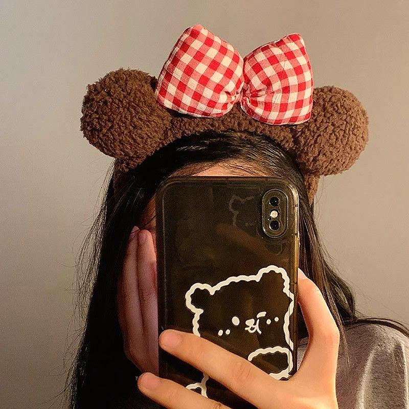 1Pc Women  Bow Bear Ears Plush Hair Band Wash Face Cartoon Kid Headband