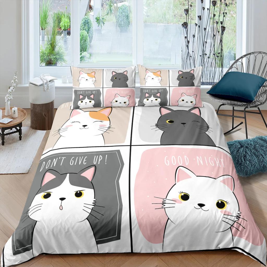 Sevimli Evcil Kediler Yatak Takımı Karikatür Yavru Kedi Baskılı Yorgan Kılıfı Yastık Kılıfı Kız İkiz Tam King Çift Kişilik Polyester Yorgan Kılıfı