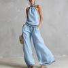 Sleeveless Wide Leg Pants Set Women Summer European Style Striped Color Block Two Piece Casual Vacation