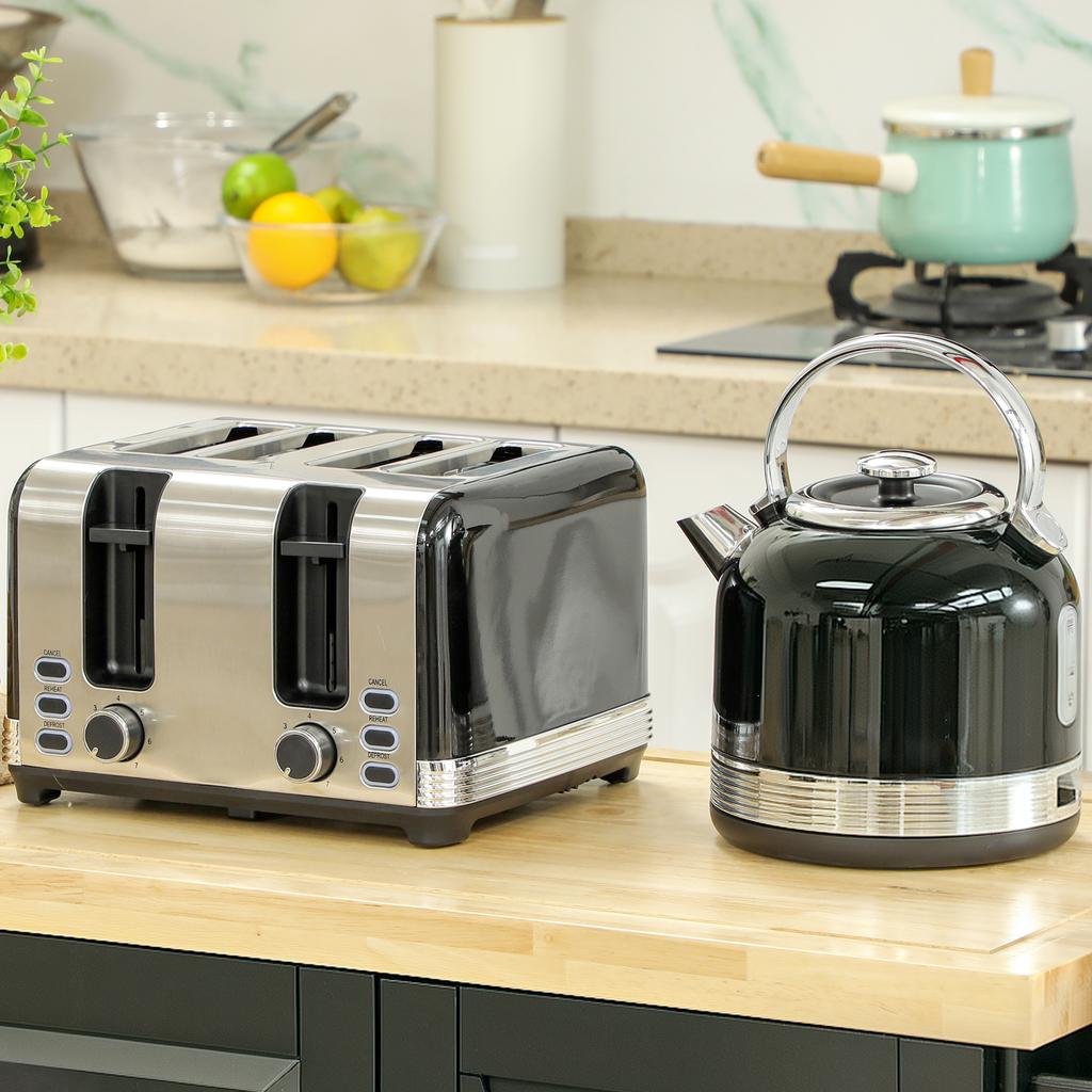 Polished Stainless Steel Kettle and Toaster Set - Black