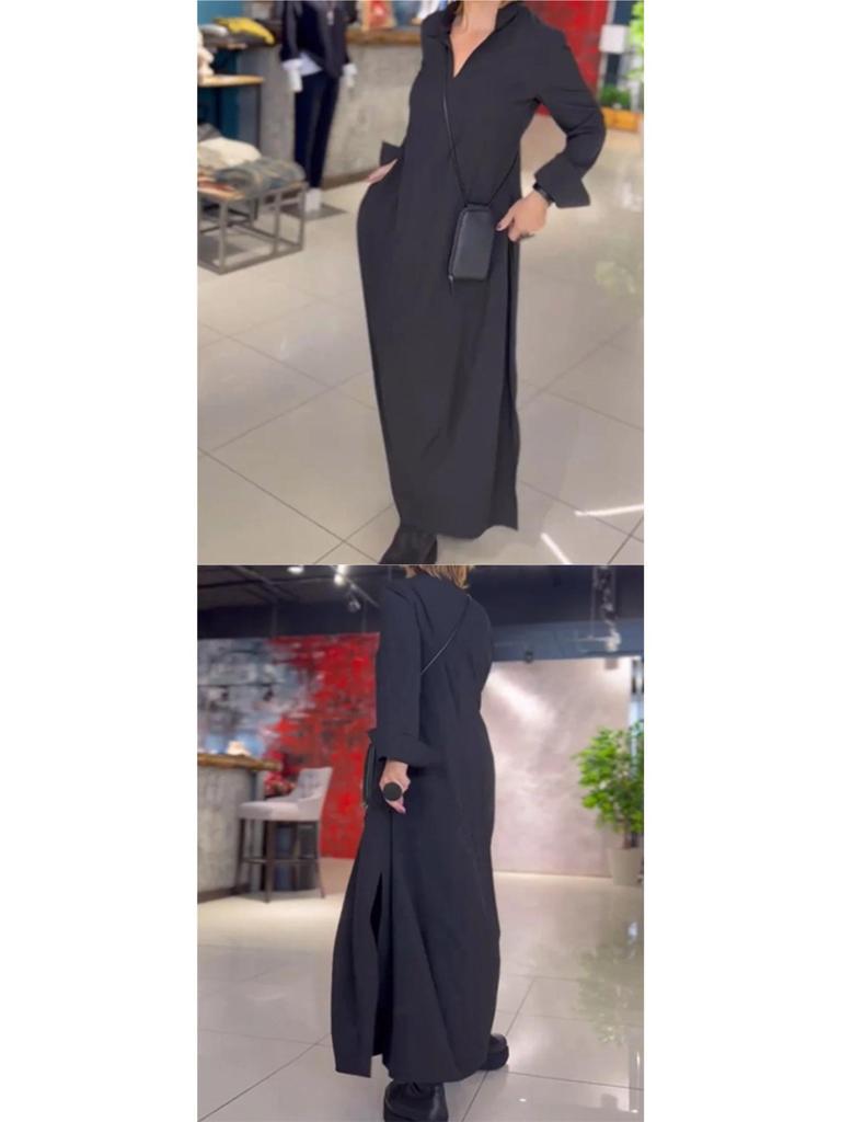2026 Autumn/Winter European American Casual Solid Color V-Neck Long Sleeve Dress for Women
