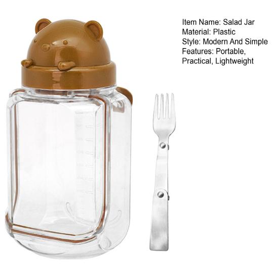Bärenförmiges Salatglas mit integriertem Löffel Tragbarer Kunststoffbehälter für Overnight Oats Obst Auslaufsicherer Transparenter Salatbehälter