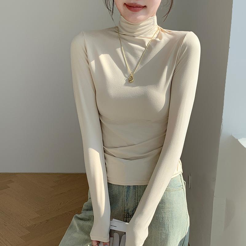 

Женская базовая рубашка с полувысоким воротом, облегающий теплый топ с длинными рукавами M бежевый