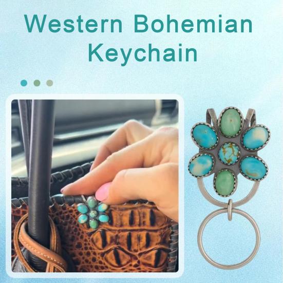 Turquoise Inlaid Bag Clip Key Holder Bohemian Style Flower Design Key Finder Car Keychain