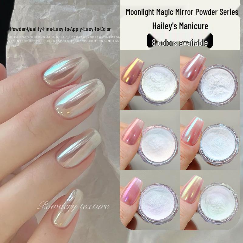 Hailey's Moonlight Pink Magic Mirror Powder: Super Bright Pearlescent & Iridescent Aurora Glitter for Nail Salons.
