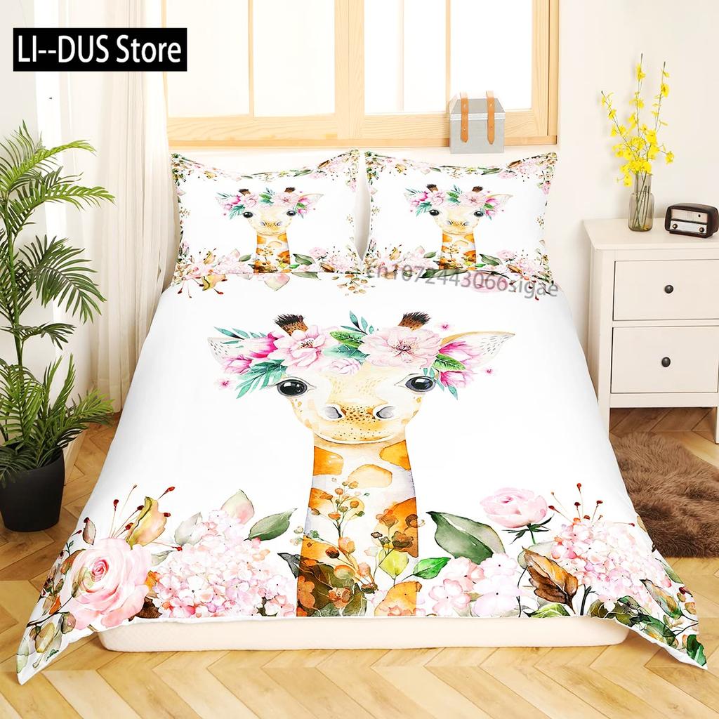 Cute Giraffe Bedding Set Full Size 3pcs with 1 Duvet Cover 2 Pillowcases Animal Bedding Set for Kids Boys Girls Room Decoration