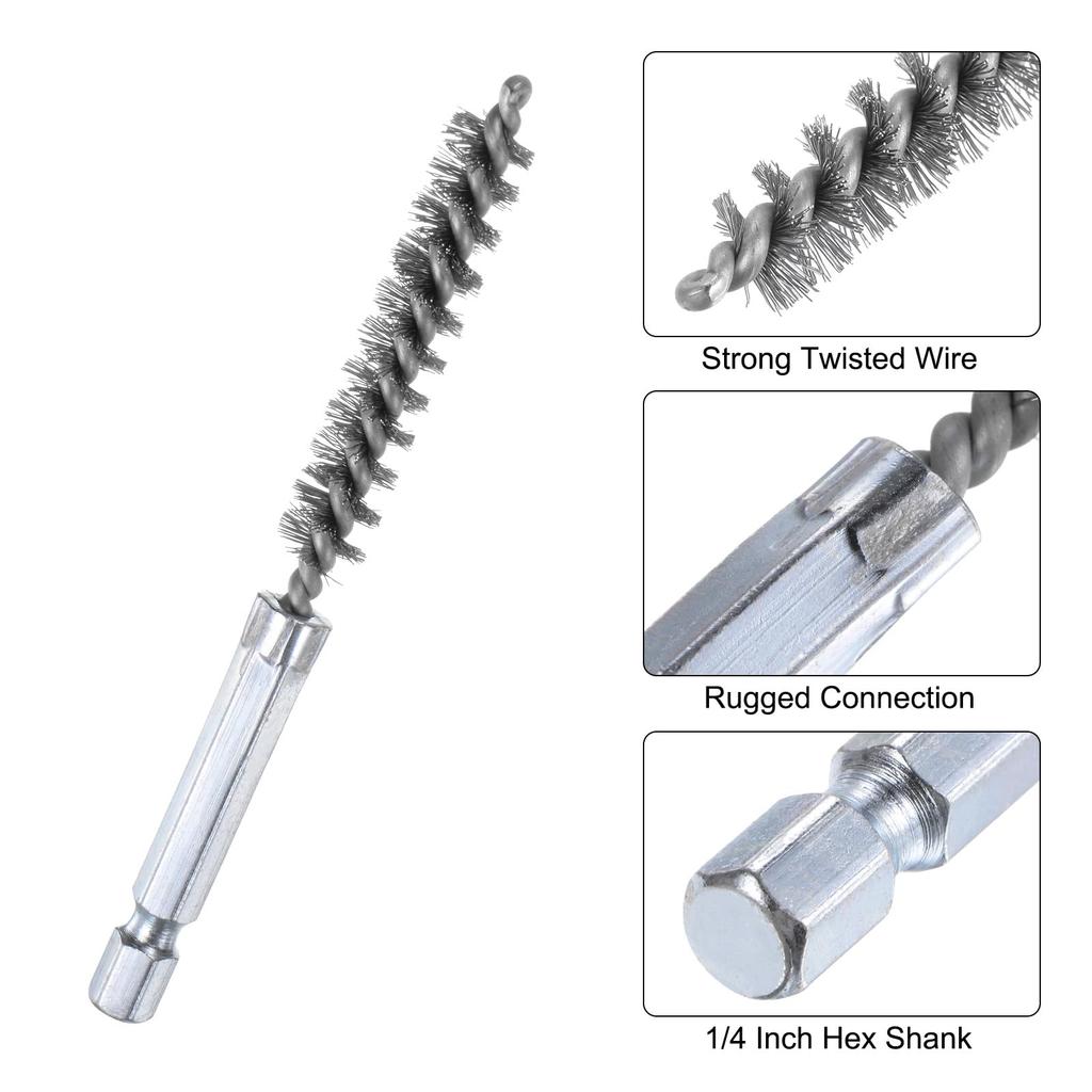 Uxcell 304 Stainless Steel Bore 9mm 10cm Twisted Wire Brushes with Handle for Hex for Tube Port Bearings 5-Pack Brushes, Diameter, Long, Cleaning,