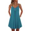 Women V Neck Sleeveless Buttons Pleated Large Hem Sundress Knee-length Dress
