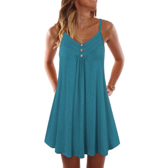 

Women V Neck Sleeveless Buttons Pleated Large Hem Sundress Knee-length Dress XXL