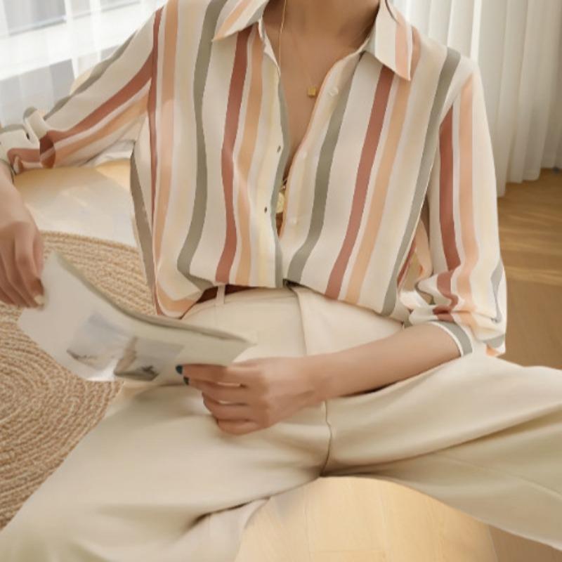 New Rainbow Pattern Chiffon Shirt Fashion Casual Striped Long Sleeve Shirt