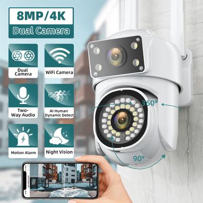New HD 8MP PTZ WiFi 4K Dual Lens Screen Camera Auto Tracking Home Security Protection Motion Detection Outdoor IP CCTV Survalance