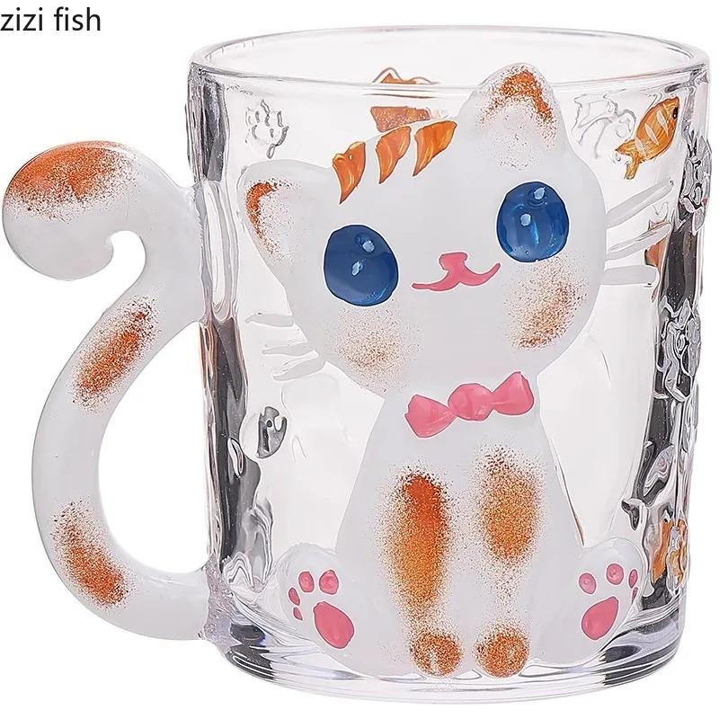 Relief handbemalte Glastasse Kreative süße Katze Kaffeetasse Latte Tasse Paar Tasse Frühstückstasse Haushaltswassertasse Teetassen