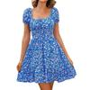 Women's Short Sleeve Summer Dress Square Neck Boho Floral Smocked Swing Dress A-Line Flowy Ruffle Beach Sundress