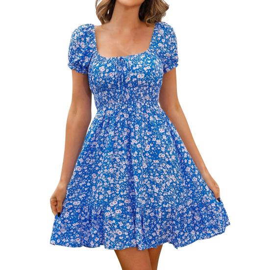 Women's Short Sleeve Summer Dress Square Neck Boho Floral Smocked Swing Dress A-Line Flowy Ruffle Beach Sundress