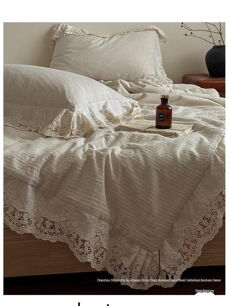 French Retro Cotton Linen Summer Quilt Set with Lace Trim - 4 Piece Girls' Elegant Cool Quilt Set