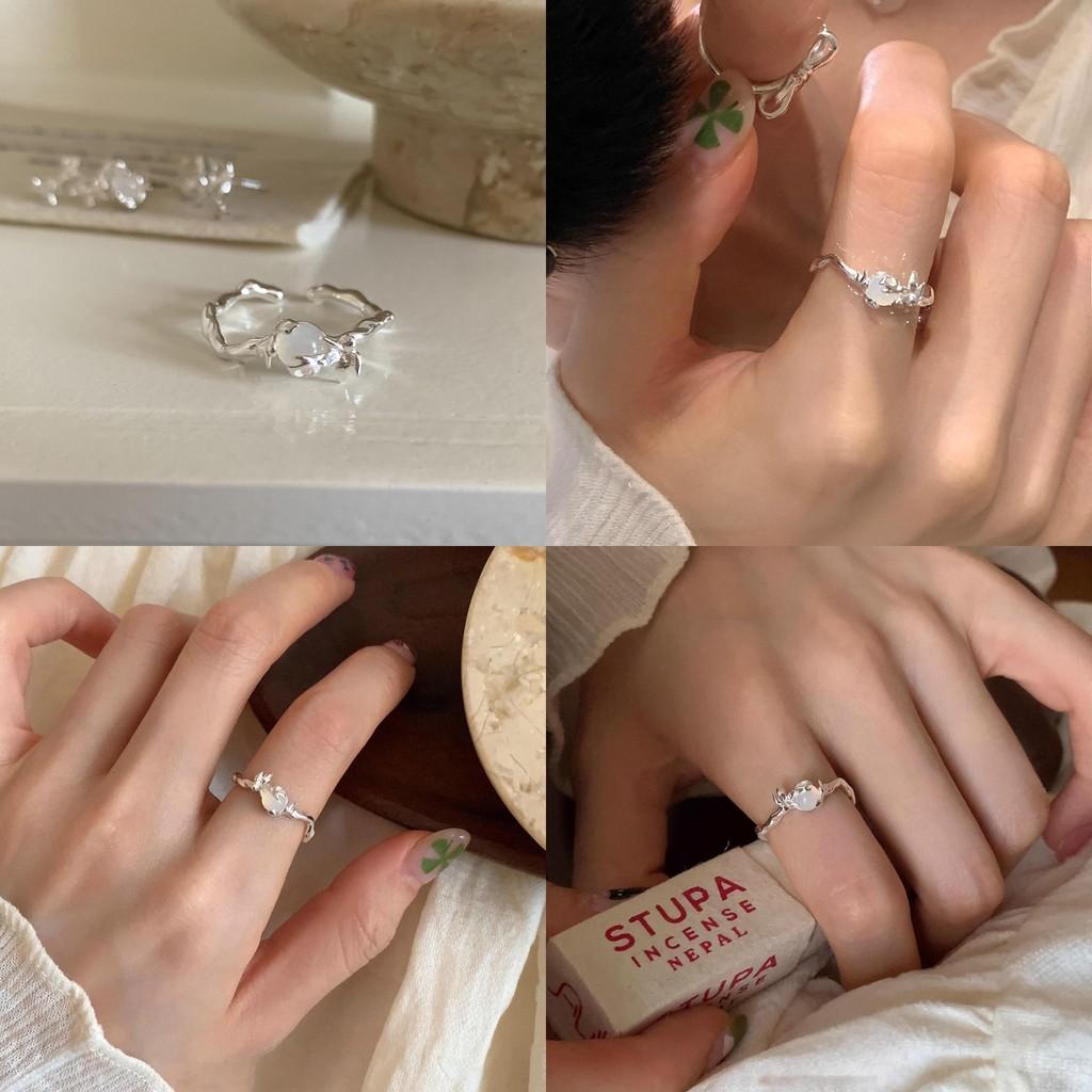 Elegant White Agate Open Ring For Women Fashionable Versatile Copper Jewelry