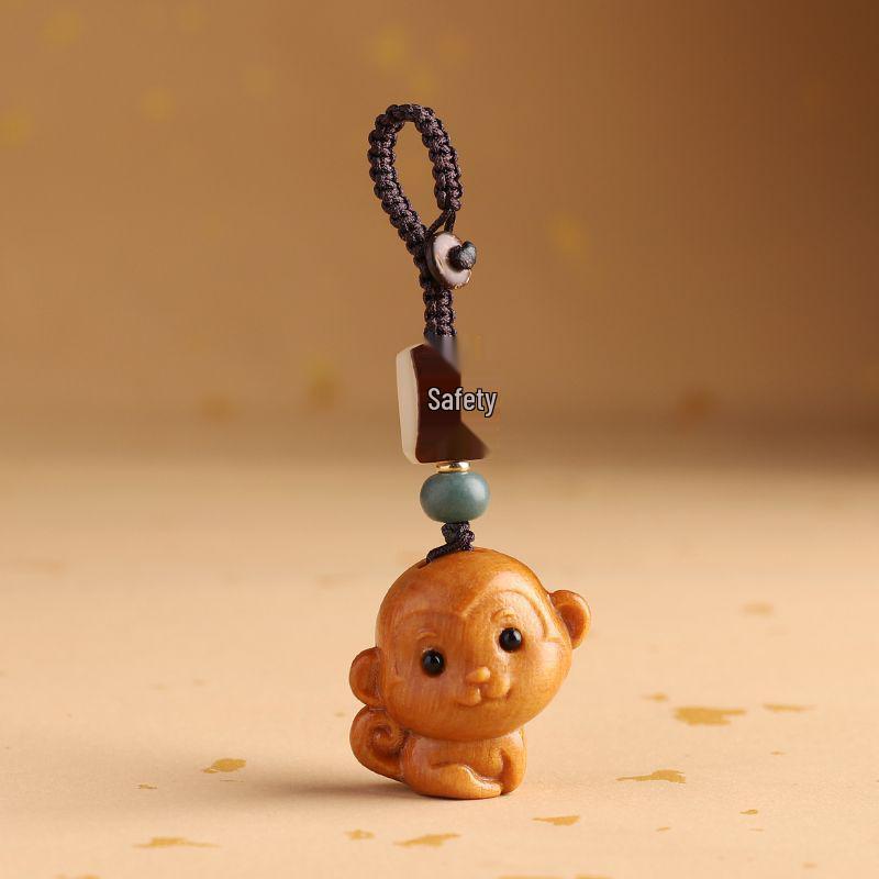 Sandalwood Zodiac Monkey Keychain Pendant: Retro Car Ornament for Men & Women