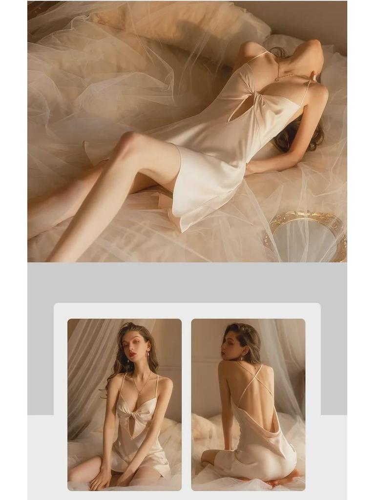 Sexy Ice Ribbon Nightdress & Chest Pad Pajama Set