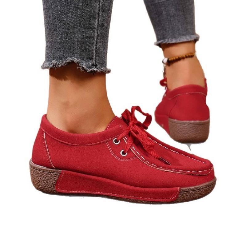 Women Plus Size Red Suede Loafers Spring European American Style Lace Up Casual Rocker Shoes