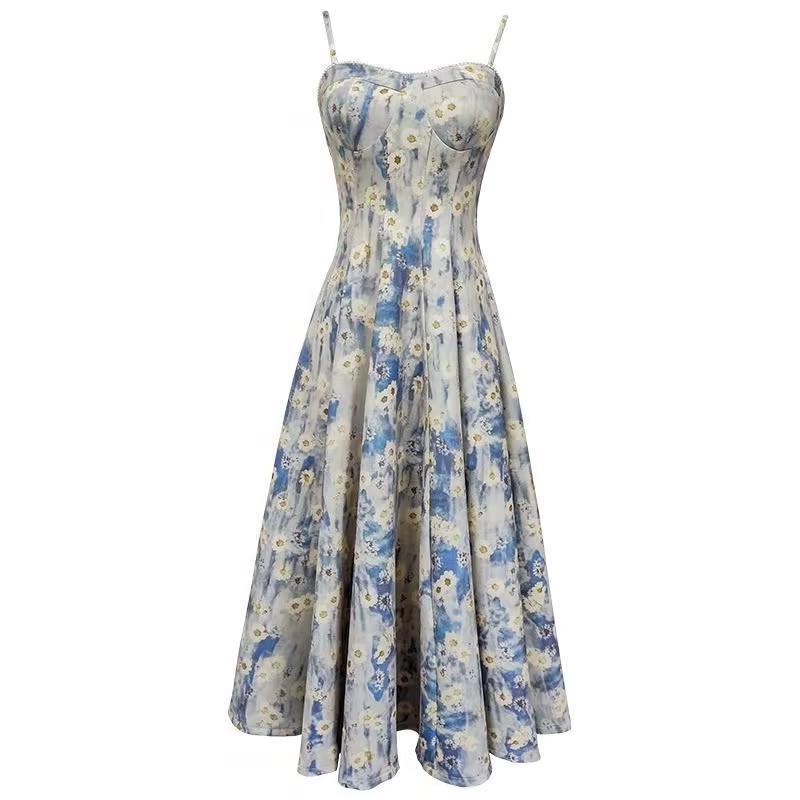 Damklänning 2025 Fransk Blå Blommig Spagettistropp Maxi - Sommar Midjesmalnande High-End Stil