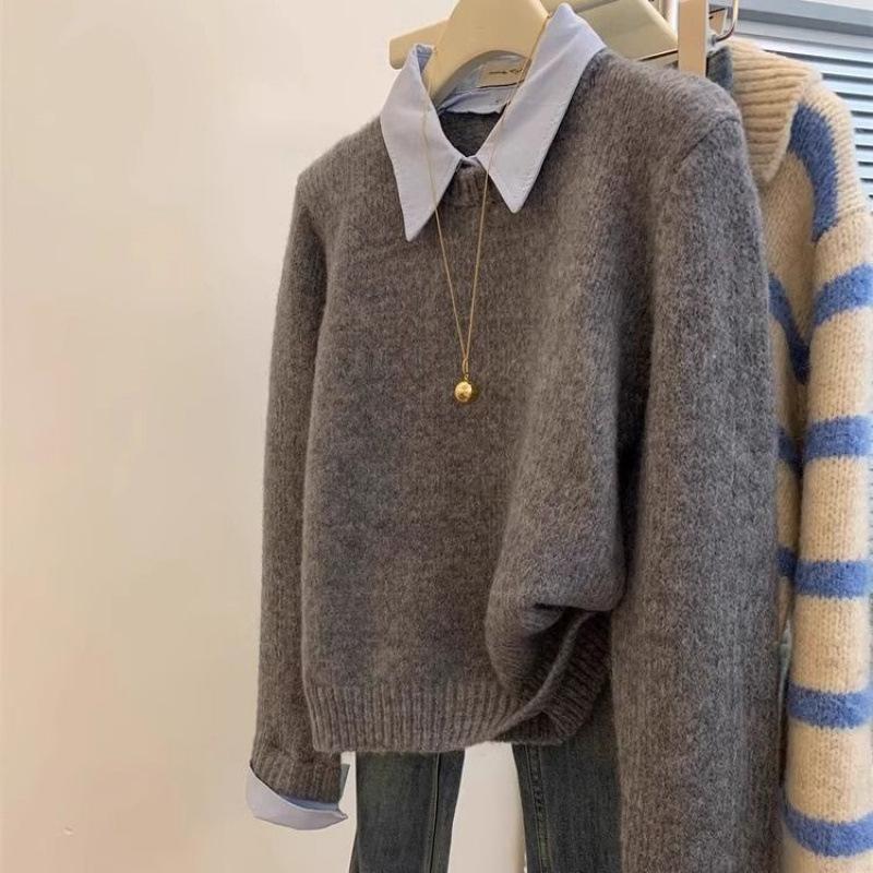 

Фальшивый воротник-свитер с двумя рубашками, Ленивый осенне-зимний базовый серый вязаный свитер-топ 2XL