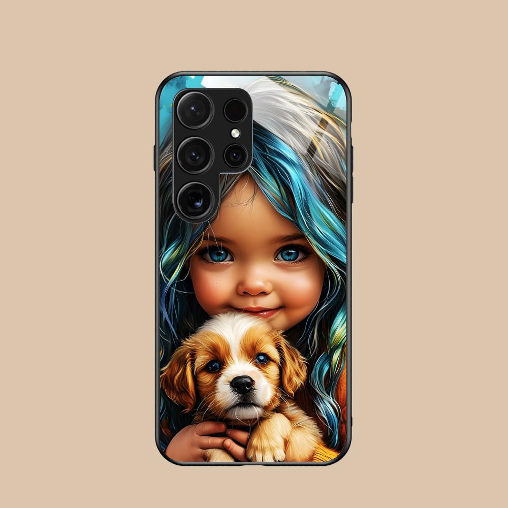 Girl Dog Puppy Glass Mobile Phone Case for Samsung Galaxy A56 55 54 53 52 51 36 35 34 23 16 15 5G Colorful Cover