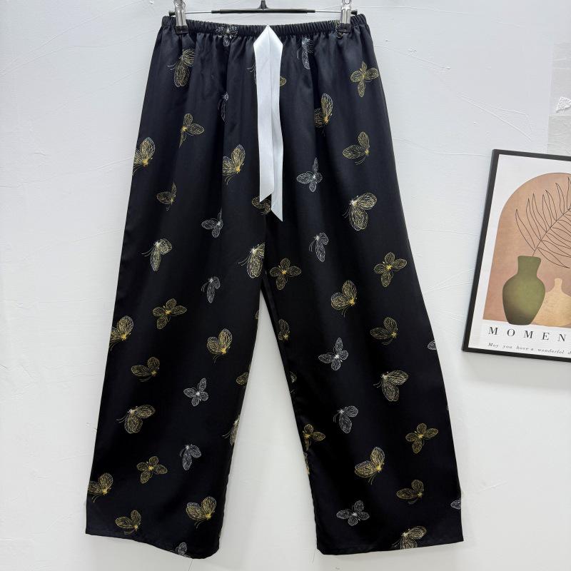 Damen-Blumen-Baumwoll-Seiden-Pyjama - Große Größen, Sommer, Leicht, Für draußen, Gerades Bein, Lockerer Schnitt