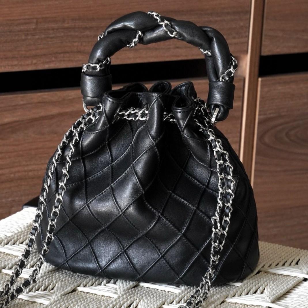 

Винтажная сумка-ведро, высококачественная сумка кроссбоди на одно плечо из овчины, сумка из натуральной кожи с ромбовидной витой цепочкой для женщин 20*19*13cm