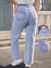 Plus Size Women's European & American Style Printed Straight Leg Jeans with Fashion Bow Knot Detail