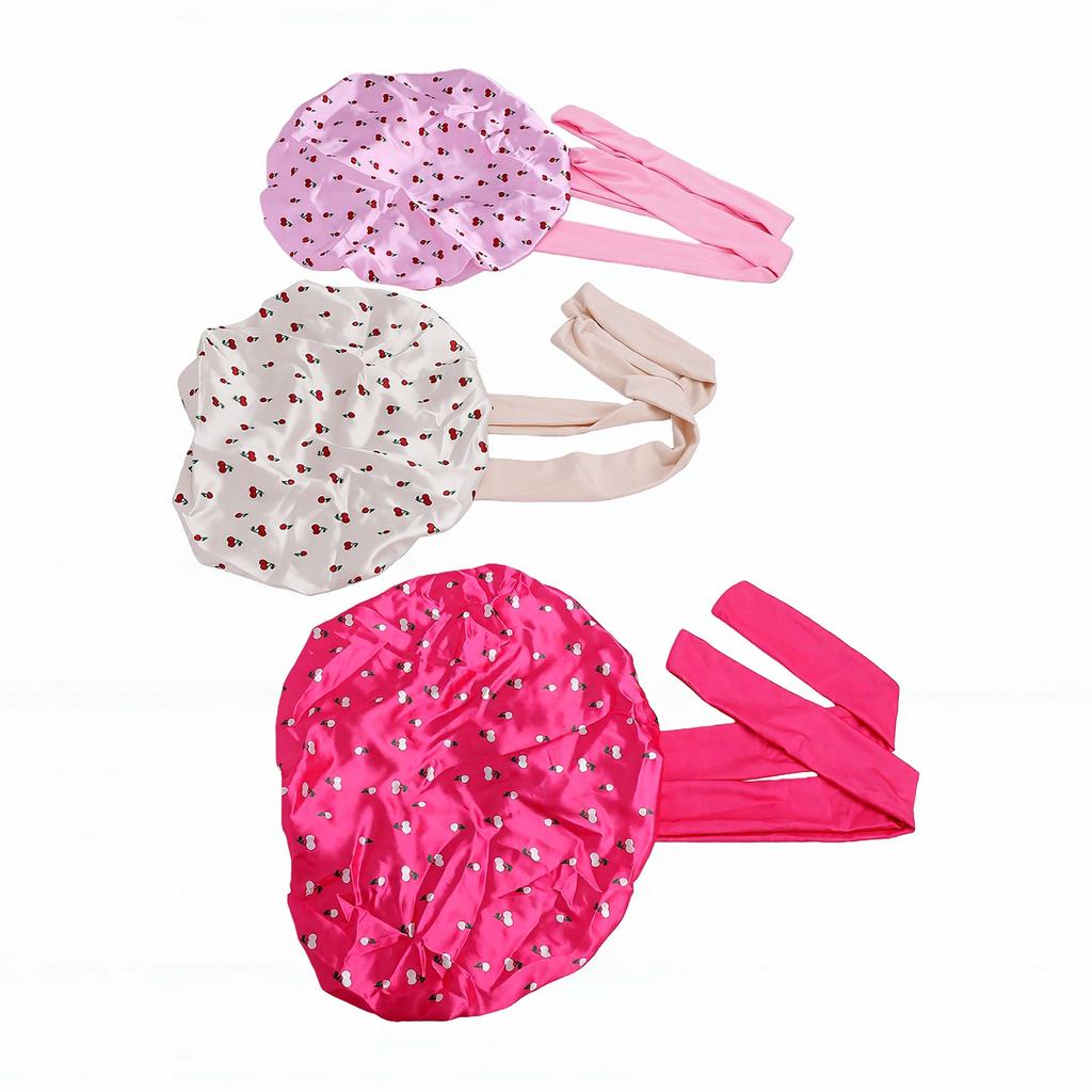 3pcs Satin Sleep Bonnet Double Layer Adjustable Elastic Band Wide Design Cherry Print Silk Bonnet