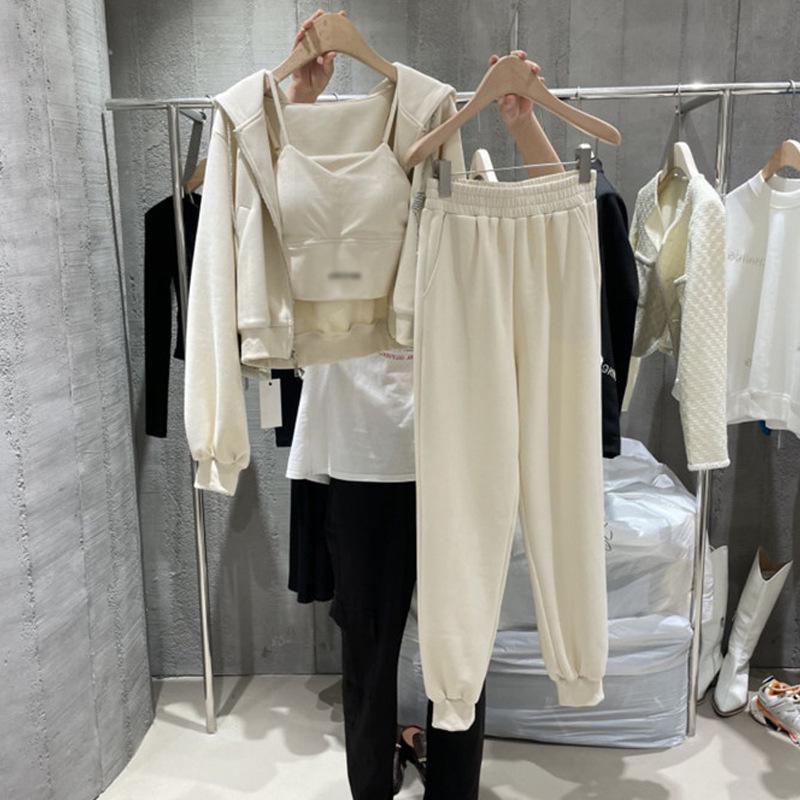 Women's Autumn 2023 Korean-Style Casual Sports Three-Piece: Long-Sleeved Hooded Jacket and Stylish Vest.