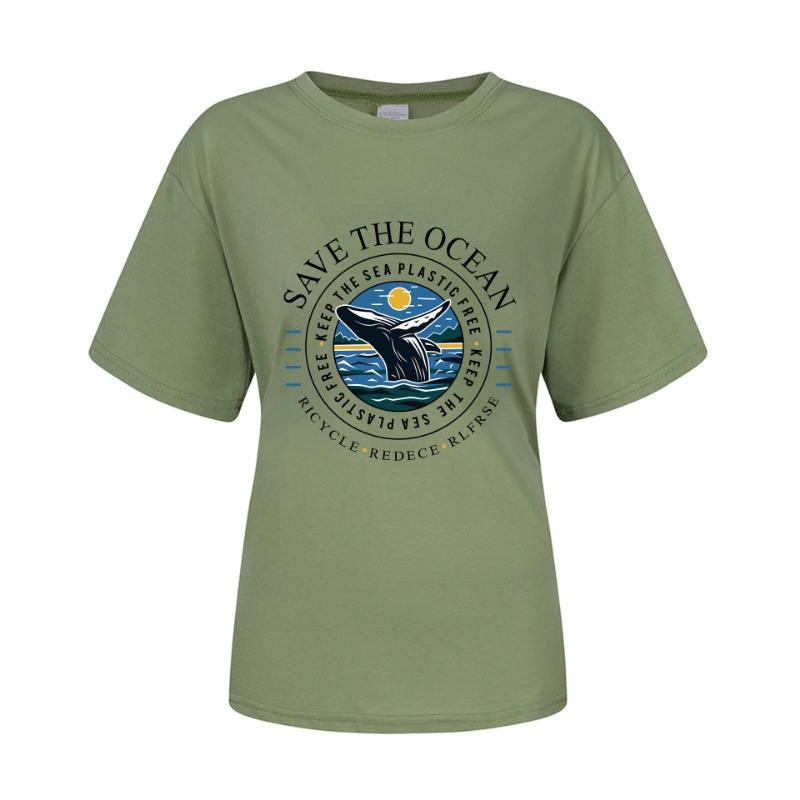 Spring Summer Whale Swimming Letter Pattern Printed Loose Fitting Cotton Short Sleeved Round Neck T-Shirts Women’s