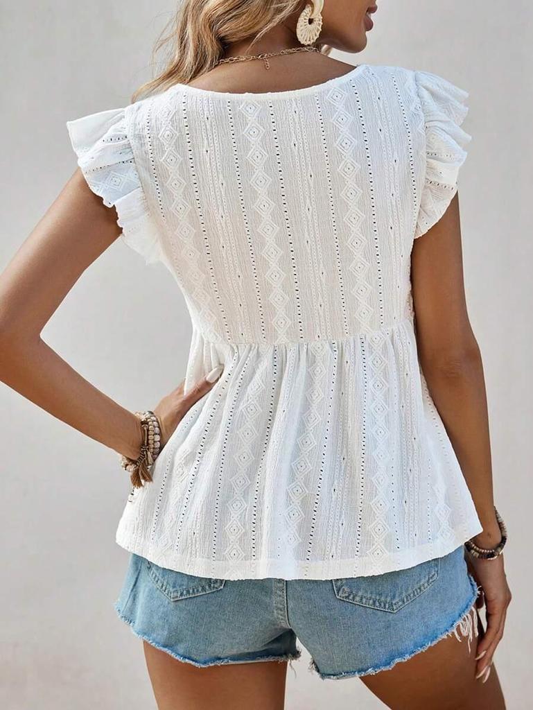 2026 European & American Fashion White Embroidered Deep V-neck Petal Sleeve French Style Women's T-shirt
