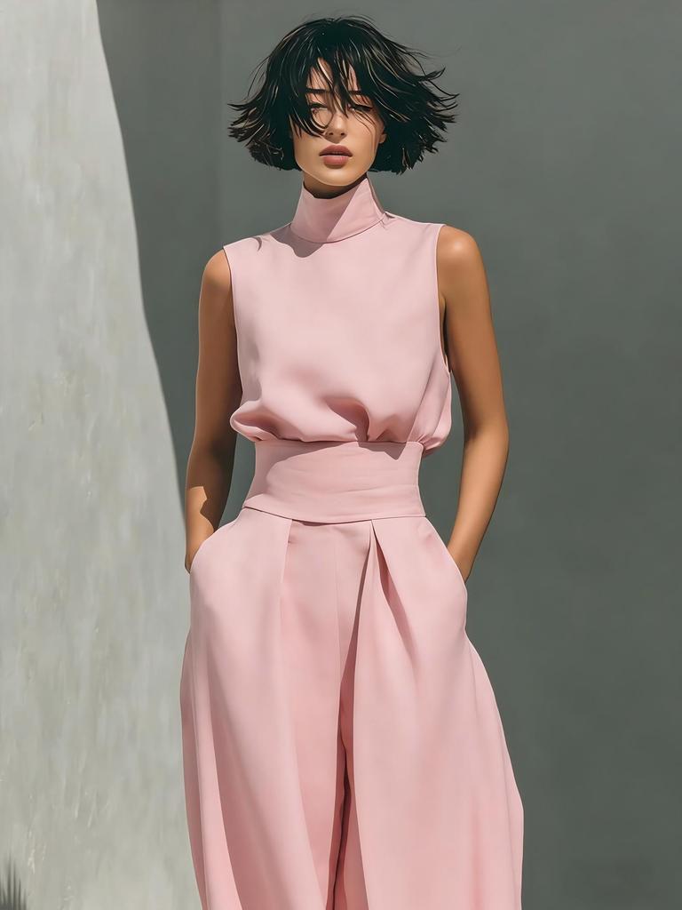 Colección Europea Primavera 2026: Conjunto de Top sin Mangas y Pantalones de Pierna Ancha de Mezcla de Algodón y Lino de Color Sólido para Mujer