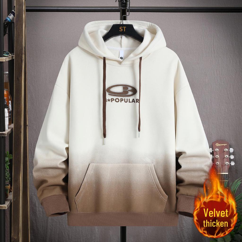 Gradient Color Block Hooded Sweatshirt for Boys, Junior High & High School Students - Plus Velvet, Thickened, Autumn/Winter Outerwear for Teens