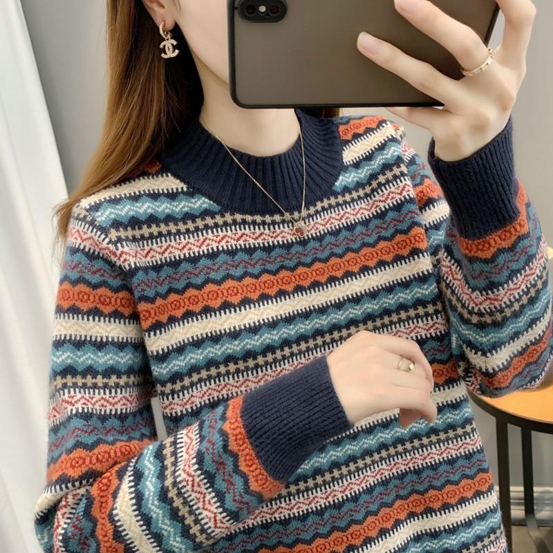Autumn and Winter Pullover Knitted Sweater Base Versatile Loose Retro Ethnic Style Striped Color Matching Crew Neck Sweater Women