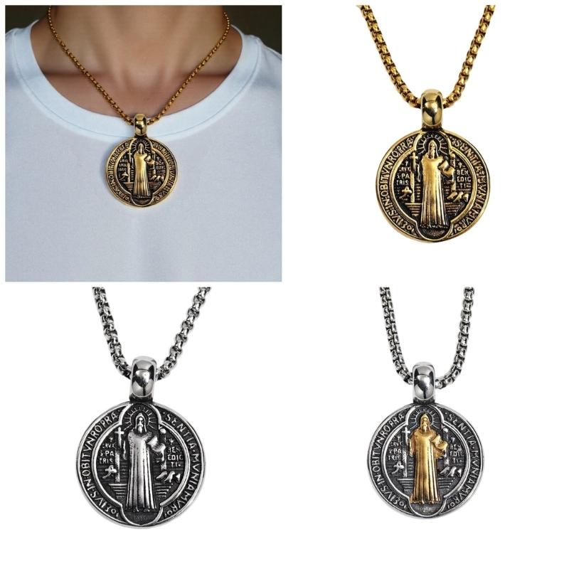 Men Necklace with Double Sided Saint Benedict Symbol Retro Religious Neckchain Alloy Clavicle Chain Fashion Accessory