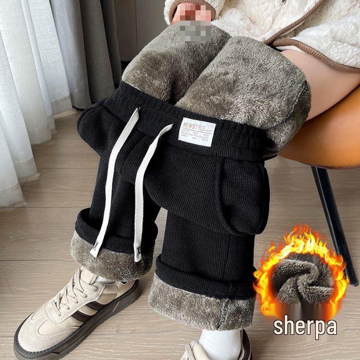 

Women s Fleece-Lined Wide-Leg Chenille Cotton Pants - Lamb s Wool & Corduroy, Autumn/Winter Collection. L